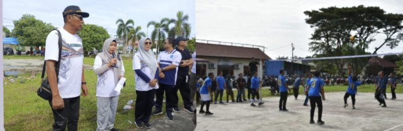 Ket. Foto : Sekda Kota Langsa Dra. Suhartini, S.Pd, M.Pd, Yang , Juga Selaku Ketua KORPRI, Membuka Turnamen Volley. 