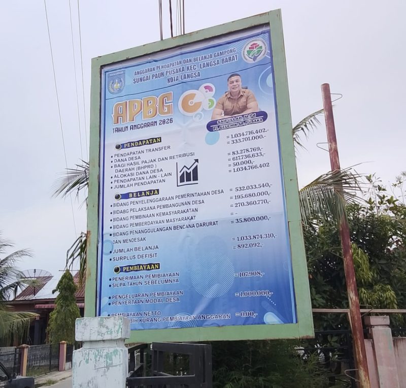 Ket. Foto :  Billboard's Pengunaan Anggaran Geuchik Gampong Sungai Pauh Pusaka, Kecamatan Langsa Barat, Yang di Pasang Sosok Pj Geuchik, Saifullah, M.Pd.. 