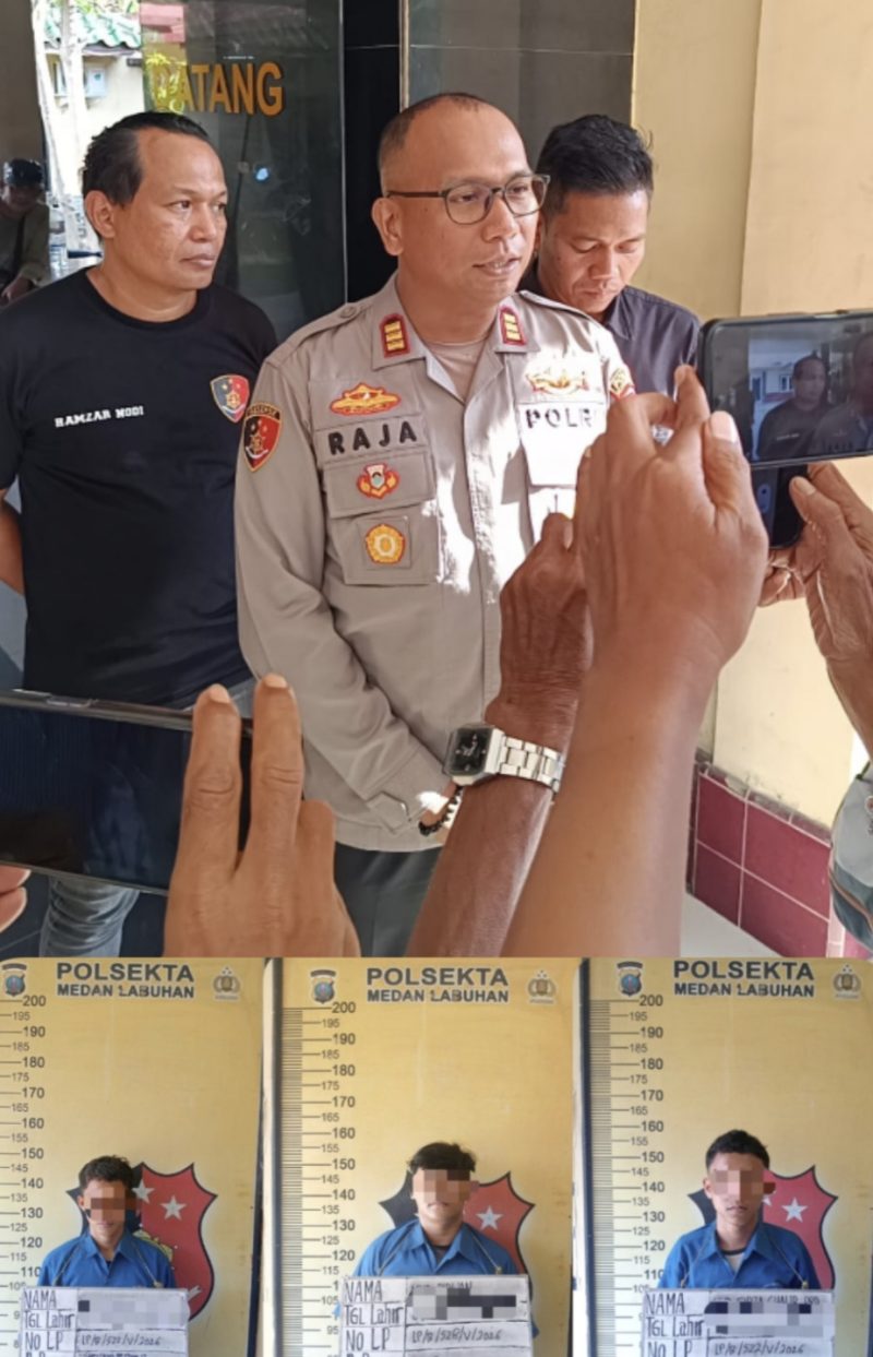Keterangan foto : Kapolsek Medan Labuhan, AKP D. Raja, menjelaskan pengungkapan kasus pembegalan. 
