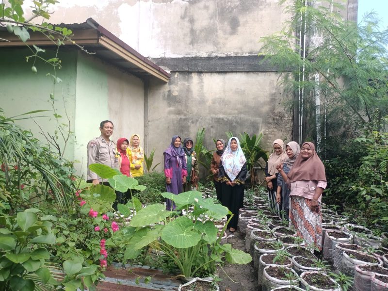 Keterangan Foto: Aiptu Darjo Kenedy, Bhabinkamtibmas Kelurahan Tangkerang Selatan, tengah menyambangi kebun Kelompok Wanita Tani (KWT) Mekar Sari. (dok.Polsek) 