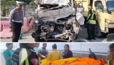 Keterangan Foto: Kondisi Toyota Hiace ringsek usai menabrak dump truck di Tol Permai, Siak. Lima orang tewas dalam kecelakaan ini. (dok.ist)
