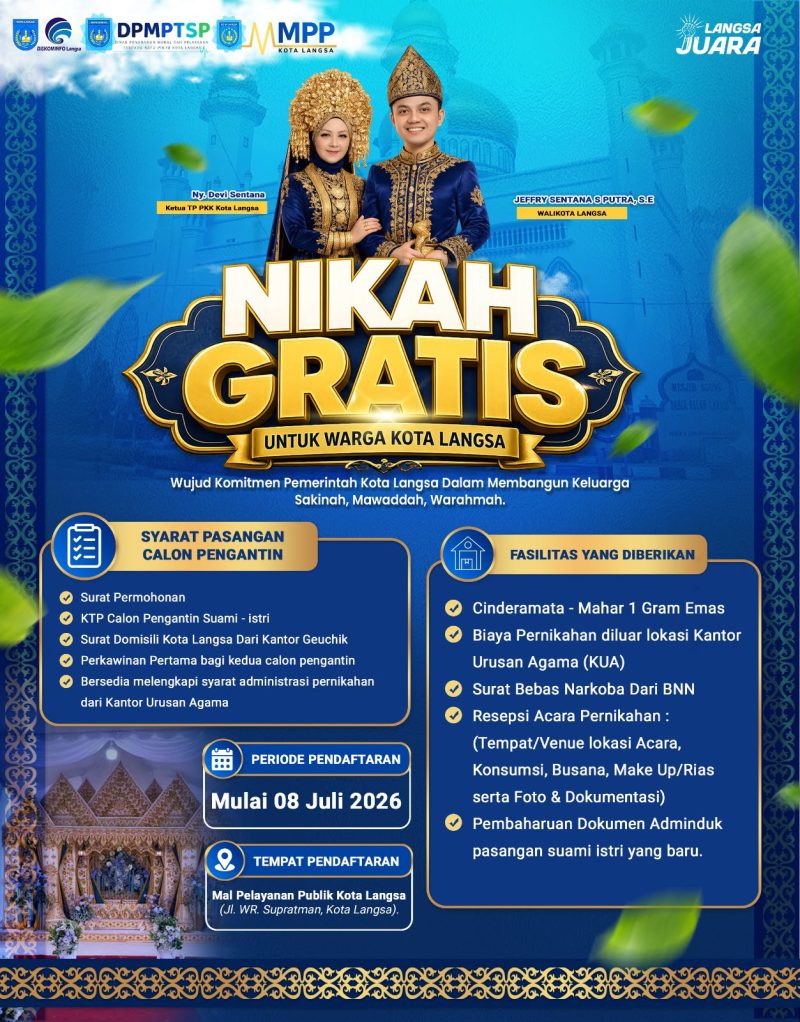 Keterangan foto : Spanduk sosialisasi program Nikah Gratis yang akan dilaksanakan oleh Pemerintah Kota Langsa.

