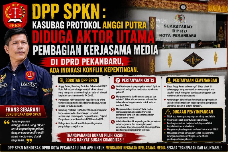 Keterangan Foto: Tangkap layar pernyataan Frans Sibarani (Juru Bicara DPP SPKN) yang mempertanyakan kewenangan Kasubag Protokol DPRD Pekanbaru dalam menentukan mitra media, yang dinilai berpotensi menimbulkan konflik kepentingan dan penyalahgunaan jabatan. (dok.ist)