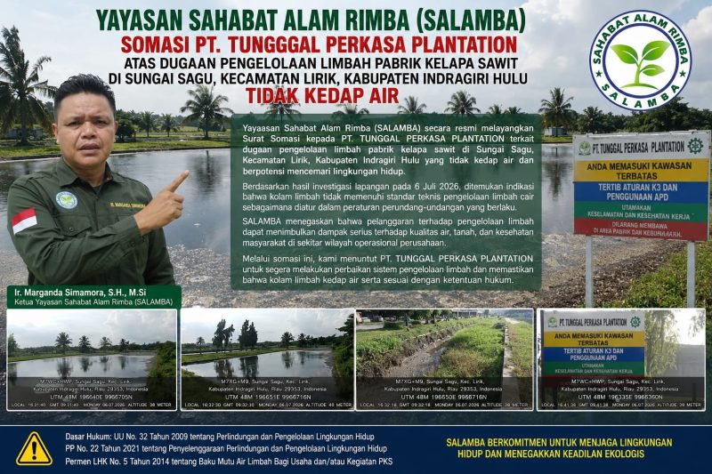 Keterangan Foto: Tangkap layar hasil investigasi Yayasan Sahabat Alam Rimba (SALAMBA) yang menunjukkan kolam limbah PT Tunggal Perkasa Plantation di Desa Sungai Sagu, Kecamatan Lirik, diduga tidak dilengkapi sistem kedap air sehingga berpotensi mencemari lahan dan lingkungan sekitarnya. (dok.ist)
