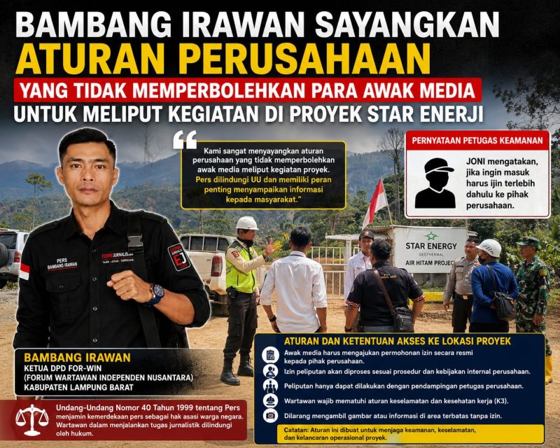 Keterangan Foto: Tangkapan layar pernyataan Ketua DPD For-WIN Lampung Barat, Bambang Irawan, terkait kebijakan Star Energy yang membatasi akses media ke lokasi proyek geothermal. 

