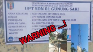 Keterangan Foto: Kondisi pembangunan yang tidak sesuai dengan bestek dan papan informasi proyek (plank) di SDN 01 Kampung Gunung Sari, Kecamatan Gunung Labuhan.