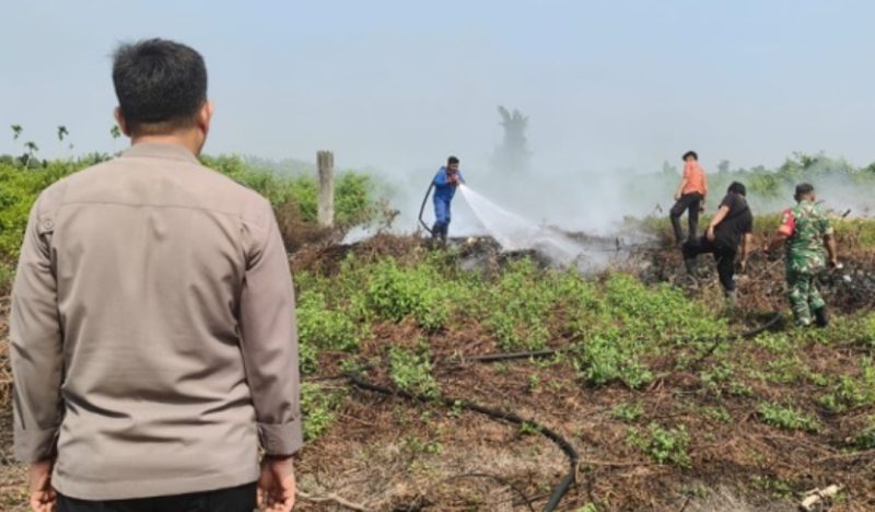 Keterangan Foto: Bhabinkamtibmas bersama Babinsa berupaya memadamkan api di lahan gambut yang terbakar di kawasan Jalan Labersa, Pekanbaru