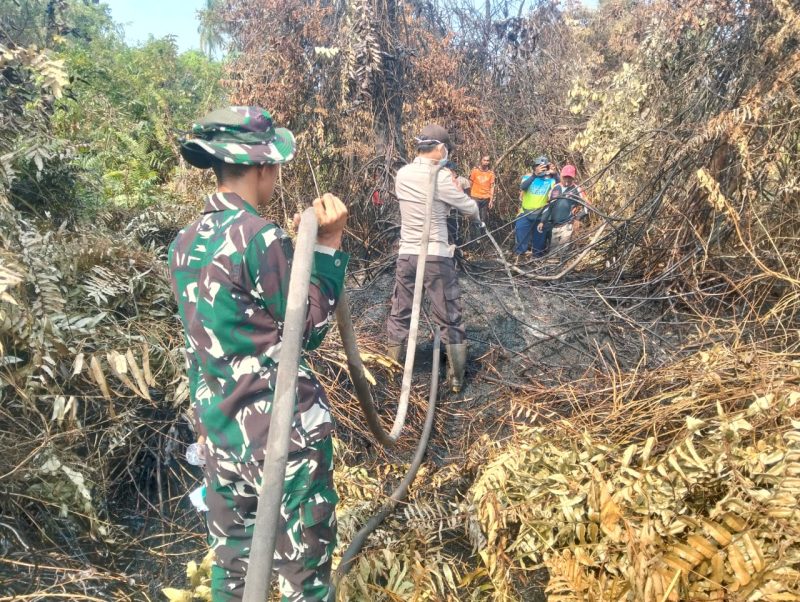 Keterangan Foto: Personel TNI dari Kodim 0314/Indragiri Hilir bersama Yonif TP 953/Harimau Rawa melakukan pendinginan lahan gambut yang terdampak kebakaran di Kelurahan Sungai Beringin, Tembilahan.