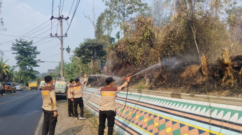 Keterangan Foto: Tim gabungan Satgas Karhutla Polres Way Kanan, TNI, Damkar, dan BPBD memadamkan kebakaran lahan di Simpang Empat Negeri Baru, Umpu Semenguk.