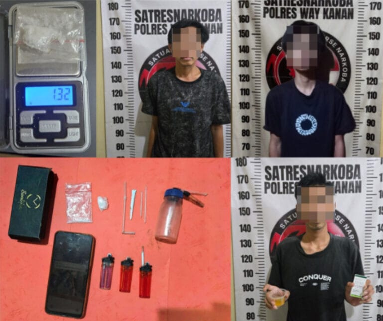 Keterangan foto: Satresnarkoba Polres Way Kanan mengamankan sejumlah orang dalam pengungkapan kasus dugaan penyalahgunaan narkotika jenis sabu di Kampung Bumi Ratu.