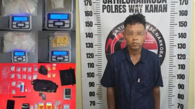 Keterangan foto: Petugas Polres Way Kanan mengamankan JW (24), yang diduga sebagai pengedar narkotika, beserta barang bukti.