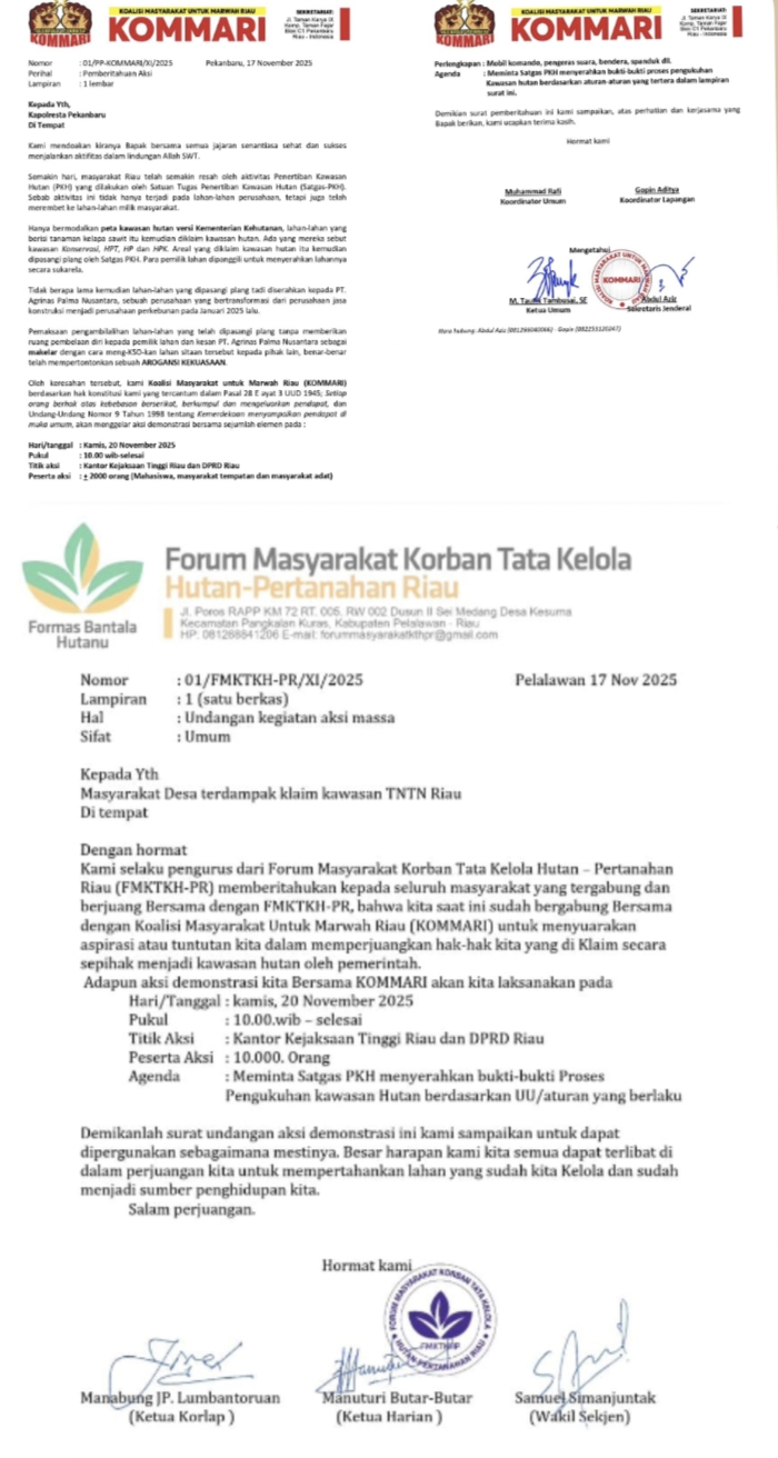 Ket. Foto : Surat Koalisi Masyarakat Untuk Marwah Riau (KOMMARI) & surat Forum Masyarakat Korban Tata Kelola Hutan Pertanahan Riau (Formasi Bantala Hutanu)
