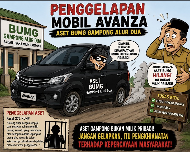 Keterangan foto : Karikatur penggelapan satu unit mobil Avanza milik Badan Usaha Milik Gampong (BUMG)