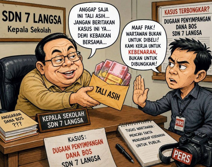 Keterangan foto : Karikatur dugaan Kepala Sekolah, berikan uang Rp20. 000,- kepada wartawan untuk tutupi kasus dugaan perselingkuhan. 