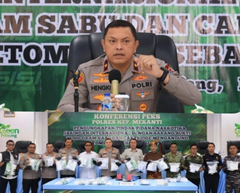 Keterangan foto : Wakapolda Riau Brigjen Pol. Dr. Hengki Haryadi, S.I.K., M.H., saat pimpin konferensi pers pengungkapan tindak pidana narkotika jaringan internasional dalam rangka Operasi Antik Lancang Kuning (LK) 2026, di Kepulauan Meranti. (Foto : ist) 