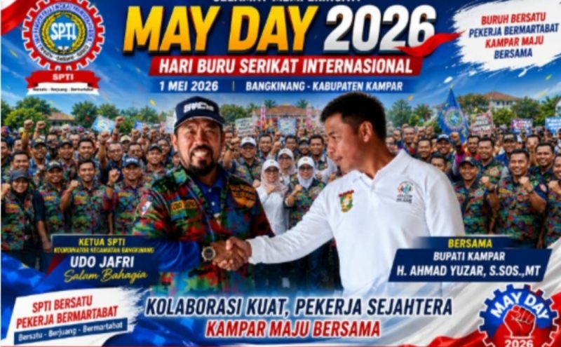 Keterangan foto : Bupati Kampar H. Ahmad Yuzar, S.Sos., MT, berjabat tangan dengan Jafri Koordinator lapangan, mewakili PC.F.SPTI Kampar. sebagai simbol kolaborasi kuat antara pekerja dan pemerintah.