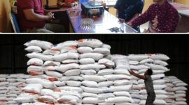 Keterangan foto ; Operator dan Stock bantuan Beras Cadangan Pangan Pemerintah (CPP) dan minyak goreng kepada Keluarga Penerima Manfaat (KPM) di Kampung Banjar Agung, Kecamatan Baradatu, Kabupaten Way Kanan 