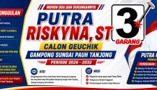 Keterangan foto : Benner program yang akan di laksanakan Putra Riskyna, Calon Geuchik (Pilchiksung) Gampong Sungai Pauh Tanjung, Kecamatan Langsa Barat,