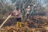 Keterangan Foto: Kapolsek Rupat AKP Faisal SH bersama TNI dan tim gabungan tampak berupaya memadamkan api Karhutla di wilayah Kelurahan Tanjung Kapal, Kecamatan Rupat, Kabupaten Bengkalis.(dok.ist) 