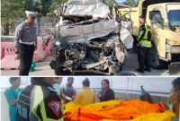 Keterangan Foto: Kondisi Toyota Hiace ringsek usai menabrak dump truck di Tol Permai, Siak. Lima orang tewas dalam kecelakaan ini. (dok.ist)
