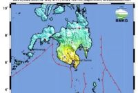 Keterangan Foto:
Peta guncangan (shake map) di Pulau Karatung, Provinsi Sulawesi Utara.(Sumber: Dokumen BMKG)