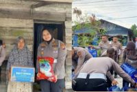 Keterangan Foto: Personel Polda Riau menyalurkan paket sembako dan air bersih kepada warga masyarakat dalam rangkaian bakti sosial Hari Bhayangkara ke-80, Jumat (20/6/2026). (Foto: Humas Polda Riau)