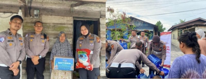 Keterangan Foto: Personel Polda Riau menyalurkan paket sembako dan air bersih kepada warga masyarakat dalam rangkaian bakti sosial Hari Bhayangkara ke-80, Jumat (20/6/2026). (Foto: Humas Polda Riau)
