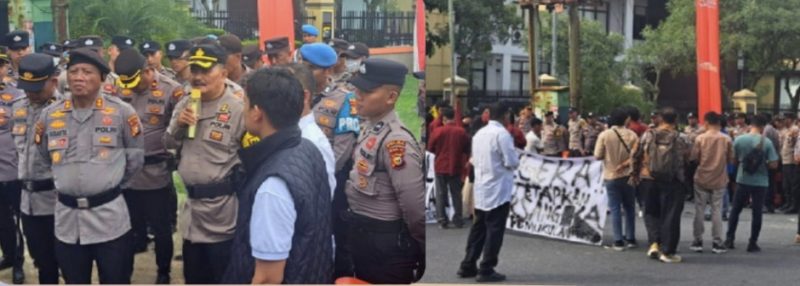 Keterangan Foto: Sejumlah mahasiswa yang tergabung dalam Aliansi Cipayung Plus menyuarakan orasi di depan gerbang Mapolda Riau.(dok.ist) 
