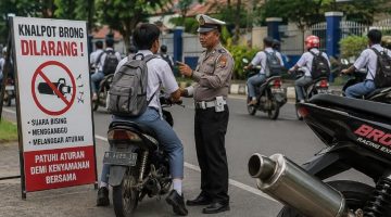 Keterangan Foto: Petugas kepolisian sedang melakukan penindakan terhadap pengendara sepeda motor berknalpot brong.
