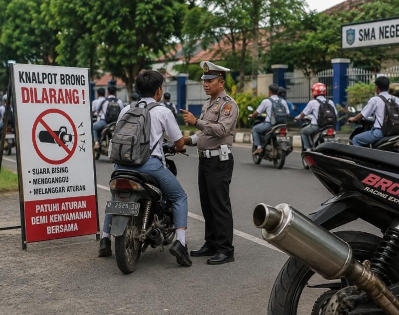 Keterangan Foto: Petugas kepolisian sedang melakukan penindakan terhadap pengendara sepeda motor berknalpot brong.
