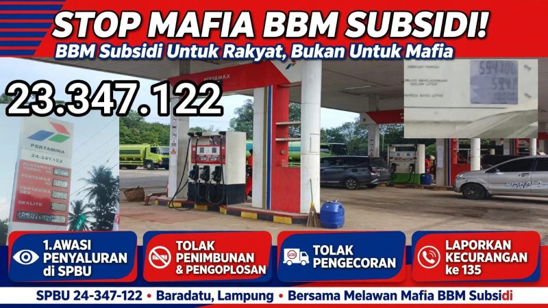 Keterangan Foto: Tangkapan layar spanduk penolakan terhadap praktik curang di SPBU 23.347.122 Gunung Katun, Baradatu.