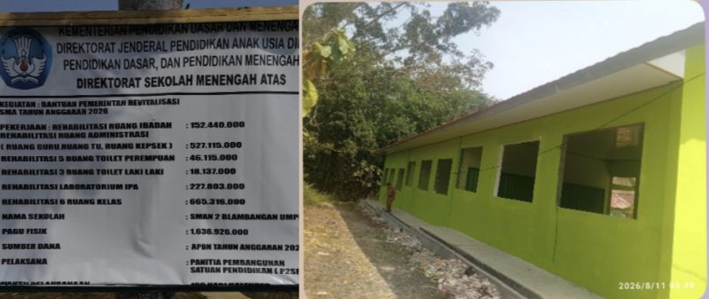 Keterangan foto: Plang proyek revitalisasi SMAN 2 Blambangan Umpu terpampang di lokasi pengerjaan. 